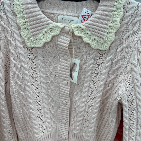 Jessica Simpson Sweaters - Jessica Simpson Light Pink Cable Knit Cardigan with Cream Lace Collar Valentines